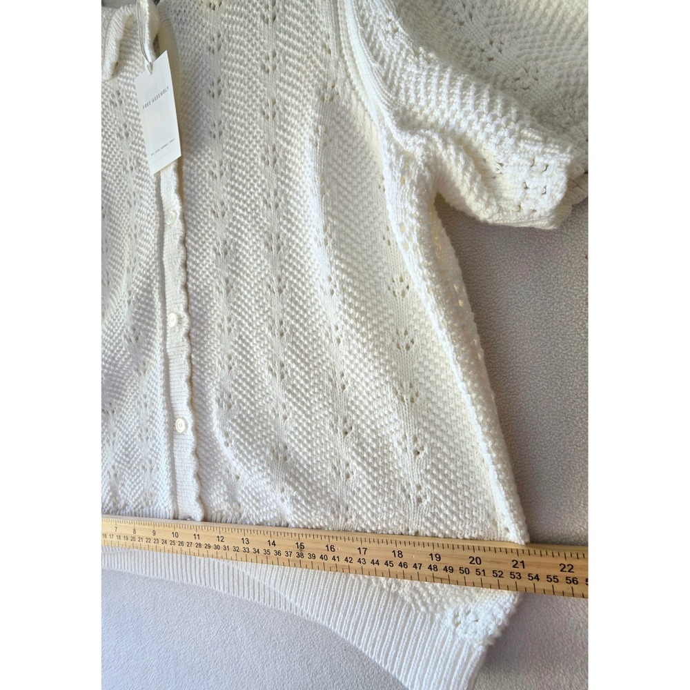 Free Assembly XL 16-18 White Cotton Pointelle Knit Cardigan Puff Sleeve NWT - Picture 4 of 6